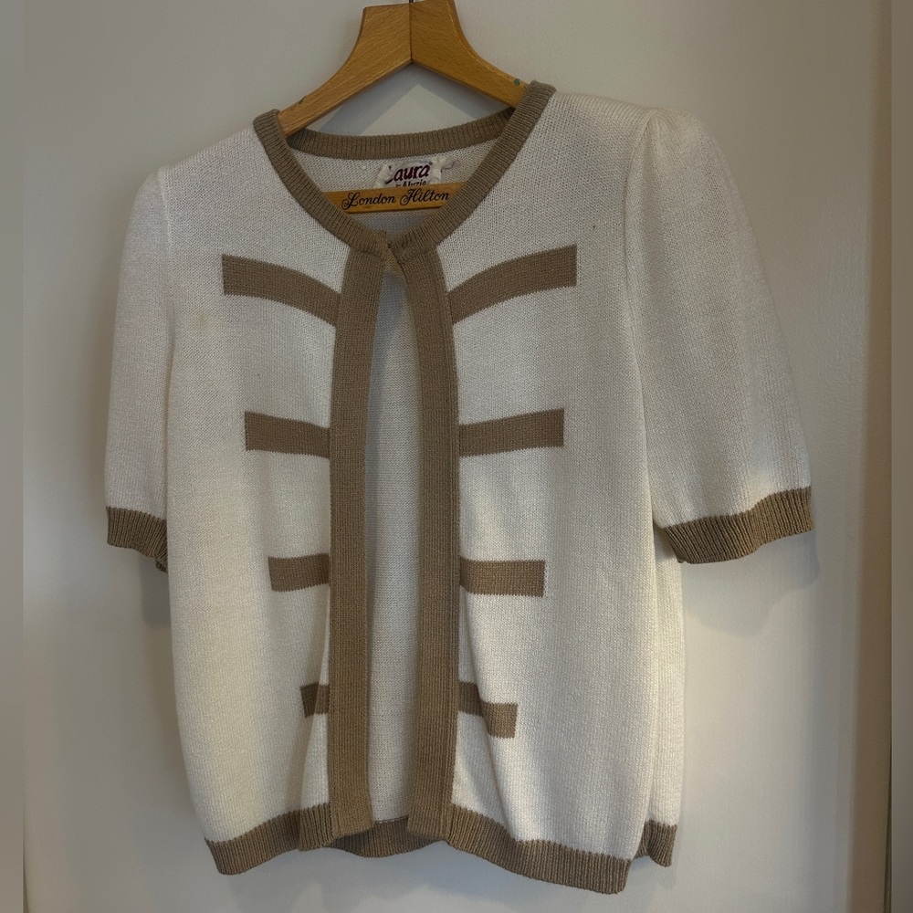 Women’s Vintage Shortsleeved Cardigan - White and Brown - Size 8